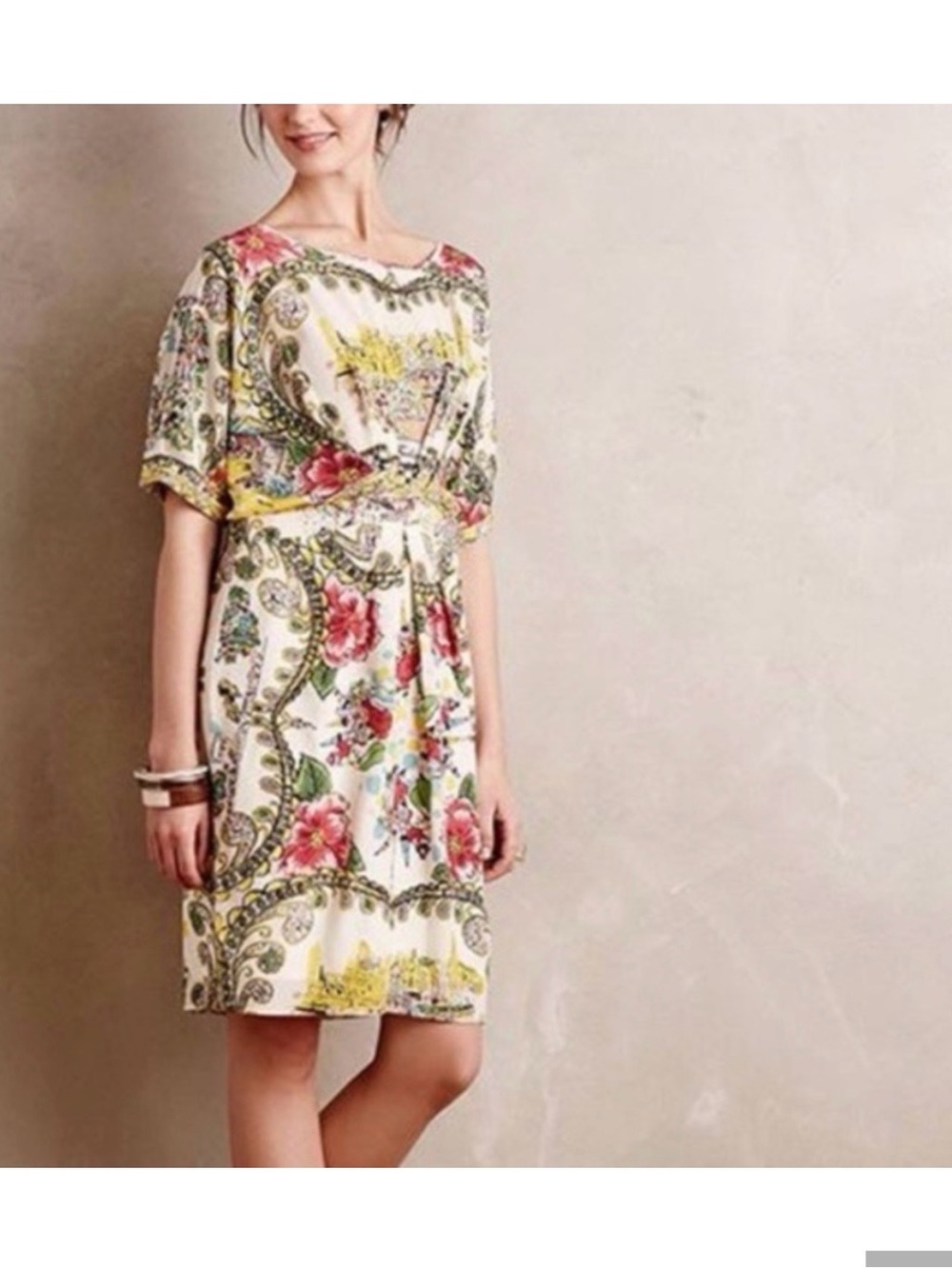 Floral Print Tie-Waist Women’s Dress - White with Pink & Yellow